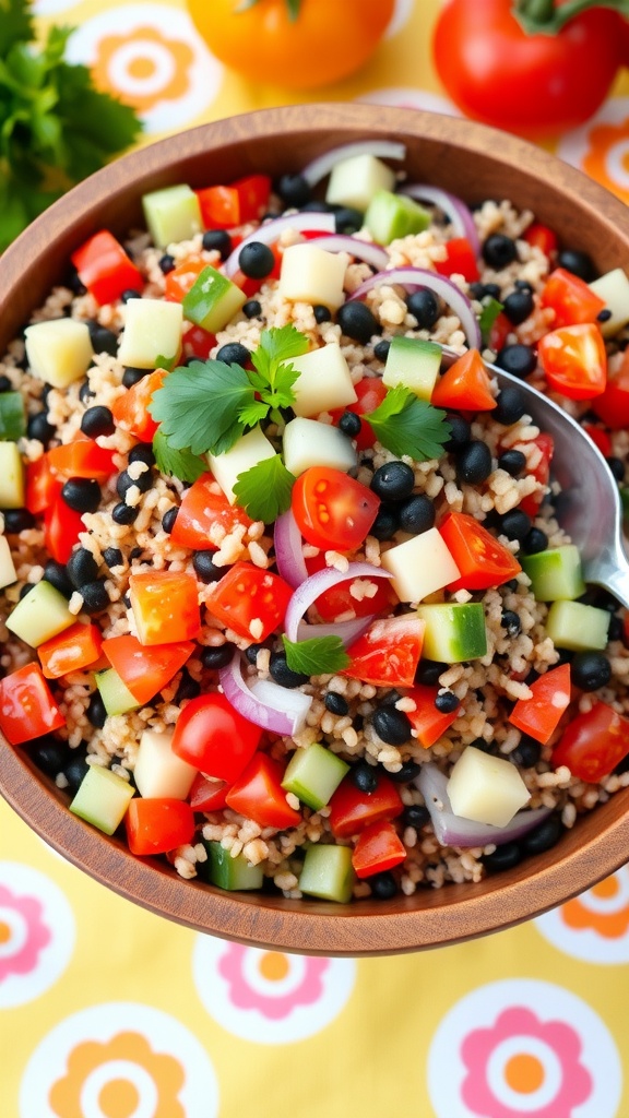Three-color quinoa salad with vegetables in a rustic bowl on a summer table.